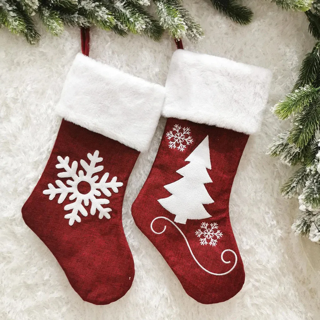 Red Christmas Stocking,  Christmas Gift Embroidered Family Stocking, Holiday Knit Stocking Embroidered, Knit Needlepoint Snowflake Tree