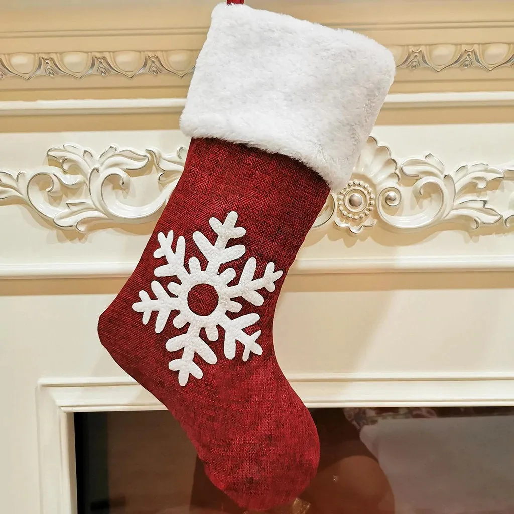 Red Christmas Stocking,  Christmas Gift Embroidered Family Stocking, Holiday Knit Stocking Embroidered, Knit Needlepoint Snowflake Tree