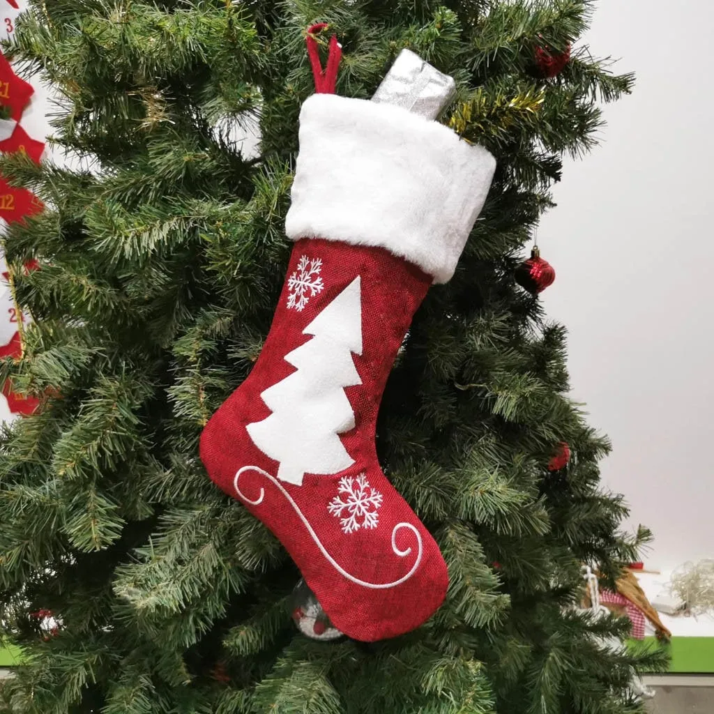 Red Christmas Stocking,  Christmas Gift Embroidered Family Stocking, Holiday Knit Stocking Embroidered, Knit Needlepoint Snowflake Tree