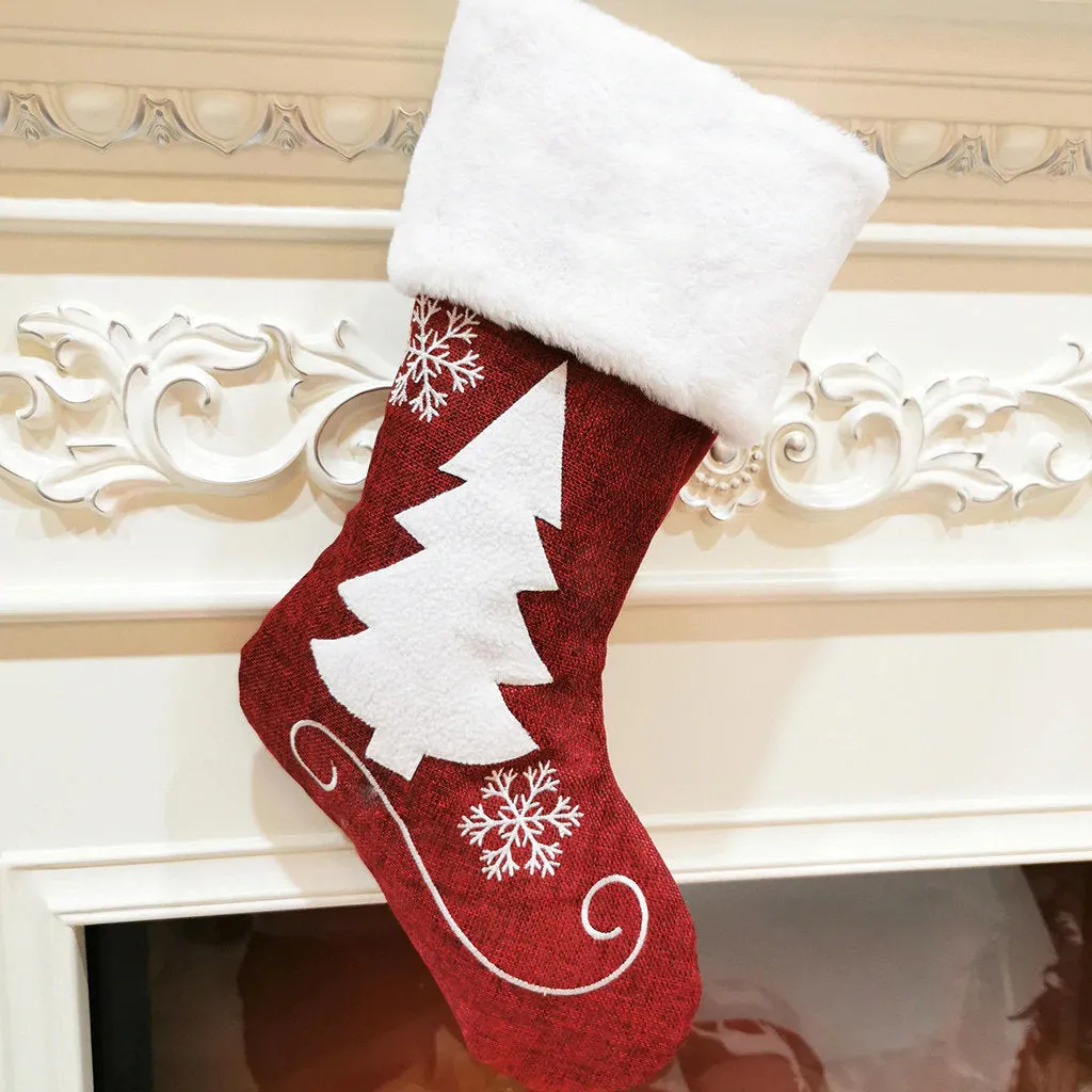 Red Christmas Stocking,  Christmas Gift Embroidered Family Stocking, Holiday Knit Stocking Embroidered, Knit Needlepoint Snowflake Tree