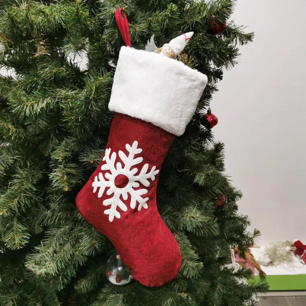 Red Christmas Stocking,  Christmas Gift Embroidered Family Stocking, Holiday Knit Stocking Embroidered, Knit Needlepoint Snowflake Tree