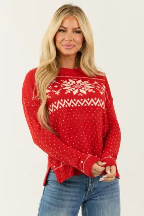 Red Fair Isle Snowflake Pattern Knit Sweater