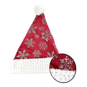 Red Velvet Santa Hat Glitter Snowflake Sequin Faux Fur Trim Bobble Xmas Fancy Dr