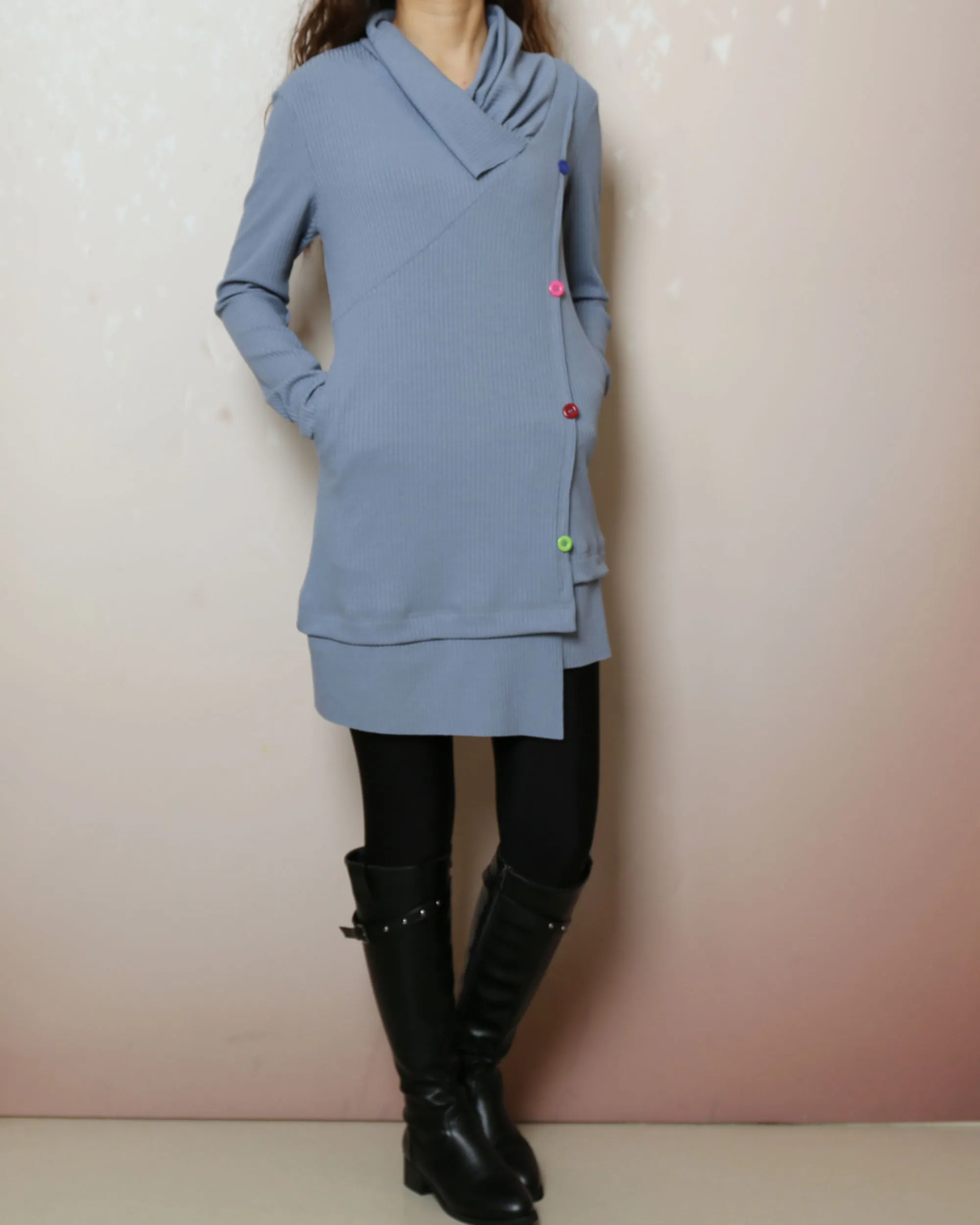 Rib knit top, Cotton tunic dress with thumbhole, cotton tunic dress, long sleeve tunic, tunic top for leggings,lightweight sweater (Y2169)