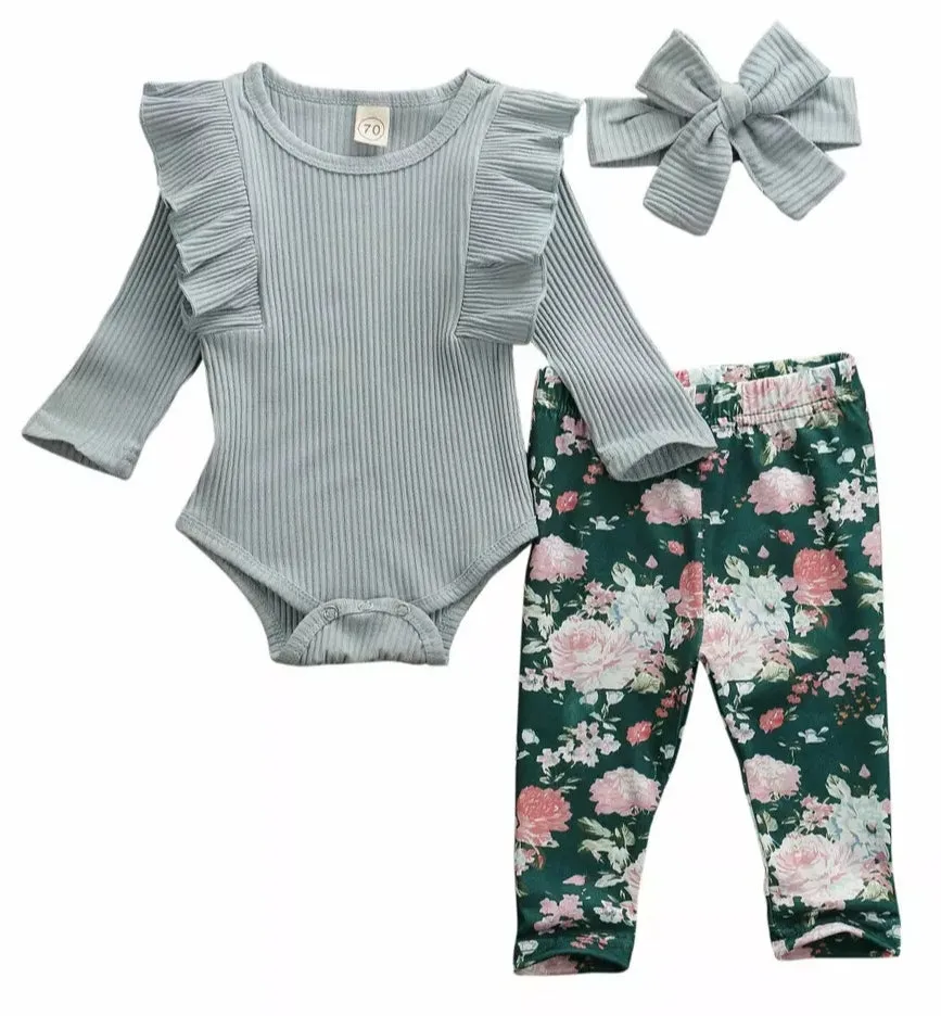 Ribbed Duck Egg Ruffle Romper with Floral Leggings and Headband  #1000105