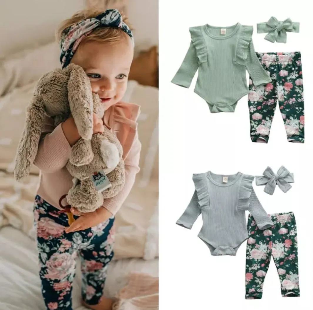 Ribbed Duck Egg Ruffle Romper with Floral Leggings and Headband  #1000105