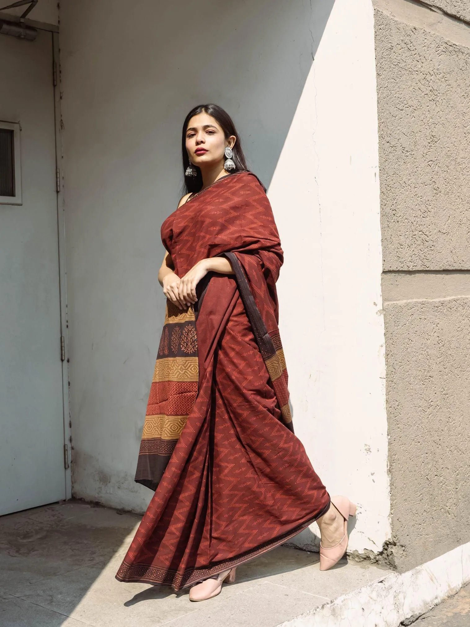 Roheda Chevron natural dyed handblock printed Bagru saree