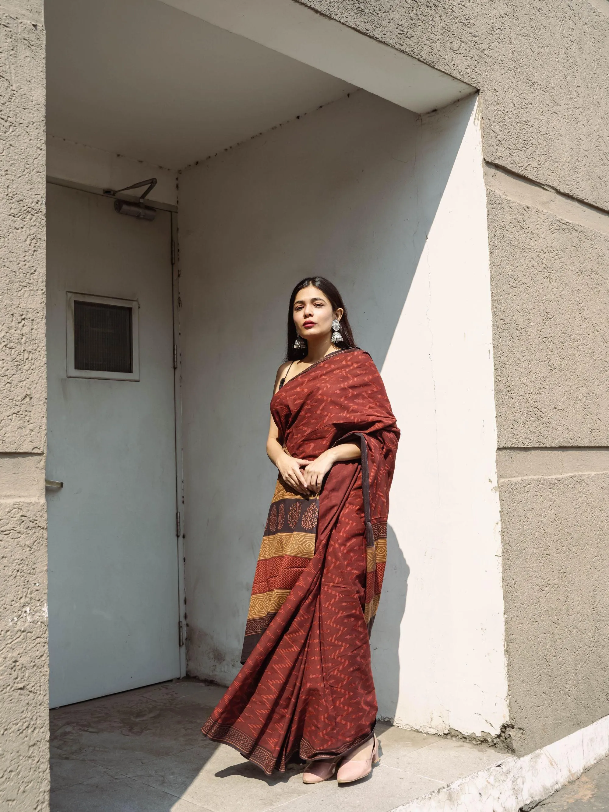 Roheda Chevron natural dyed handblock printed Bagru saree