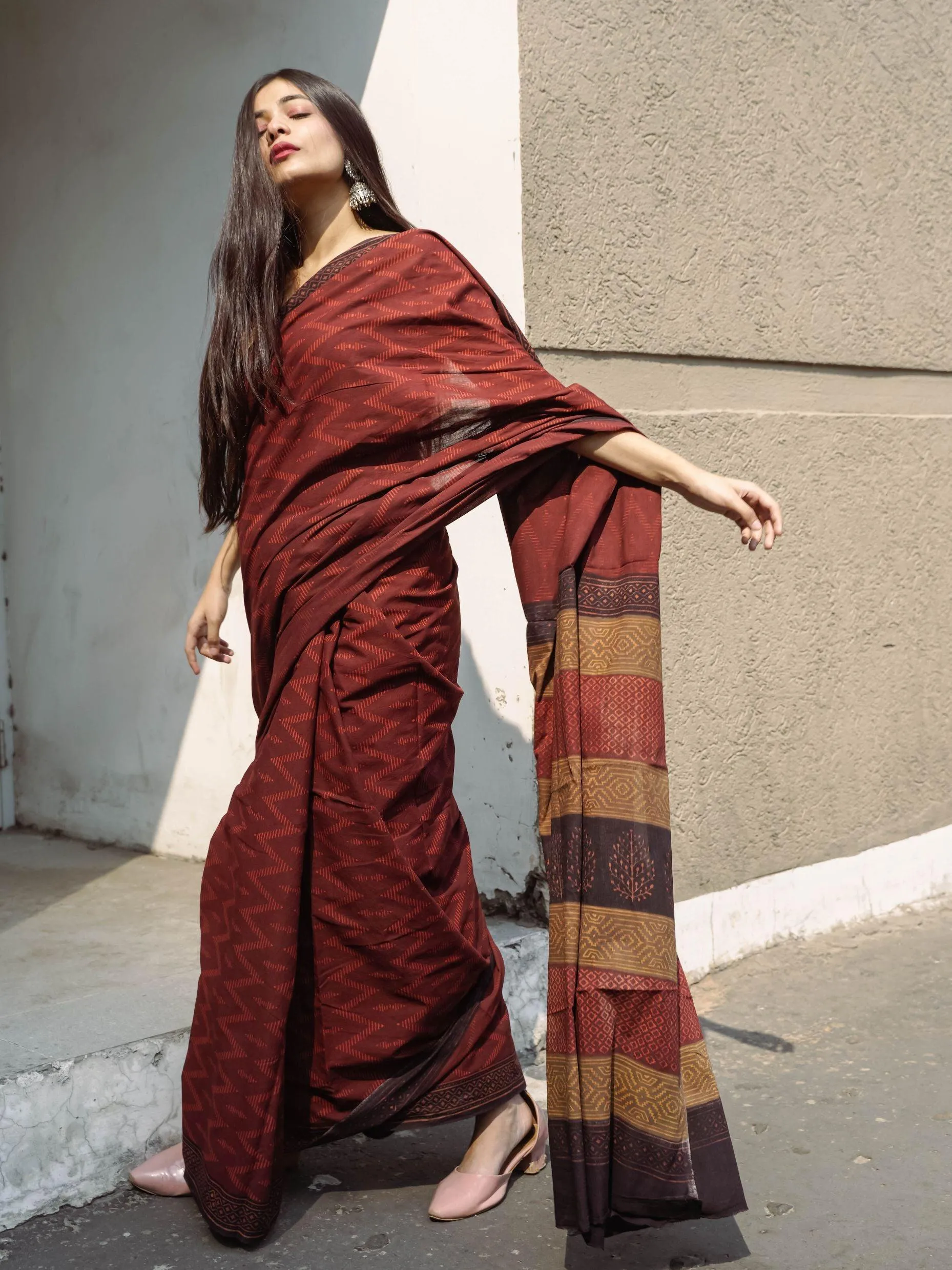 Roheda Chevron natural dyed handblock printed Bagru saree