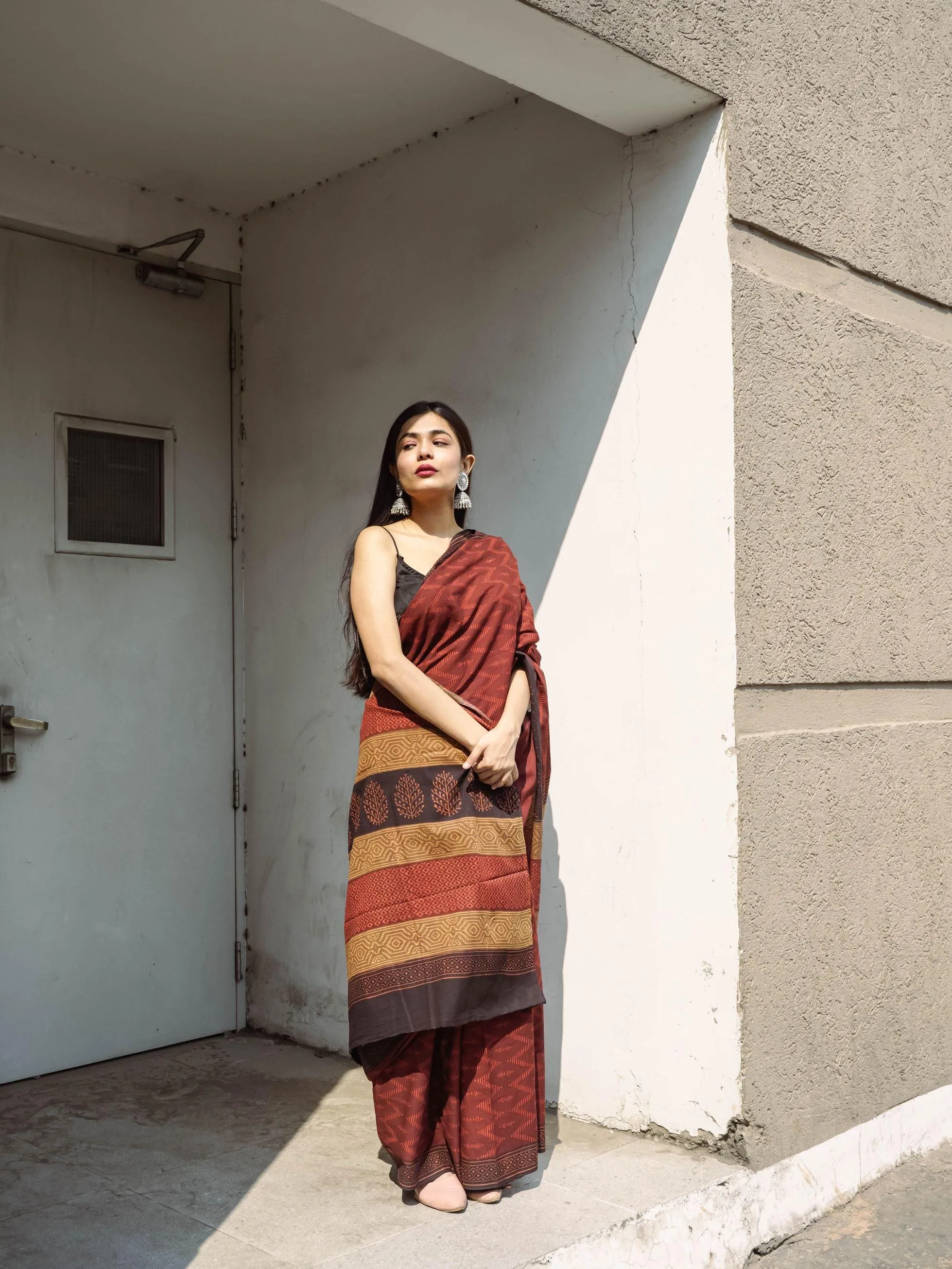 Roheda Chevron natural dyed handblock printed Bagru saree