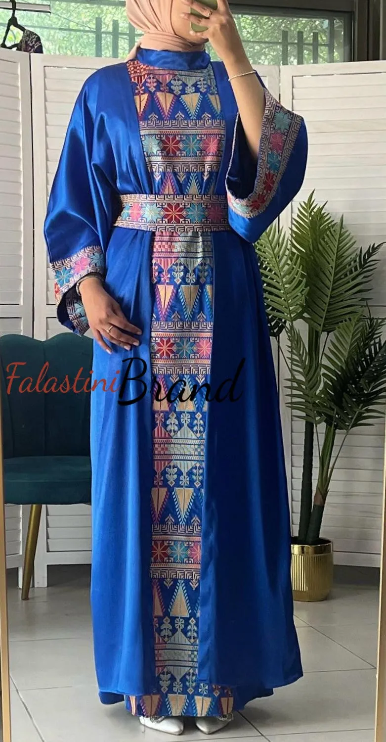 Royal Blue Embroidered Dress and Abaya Set