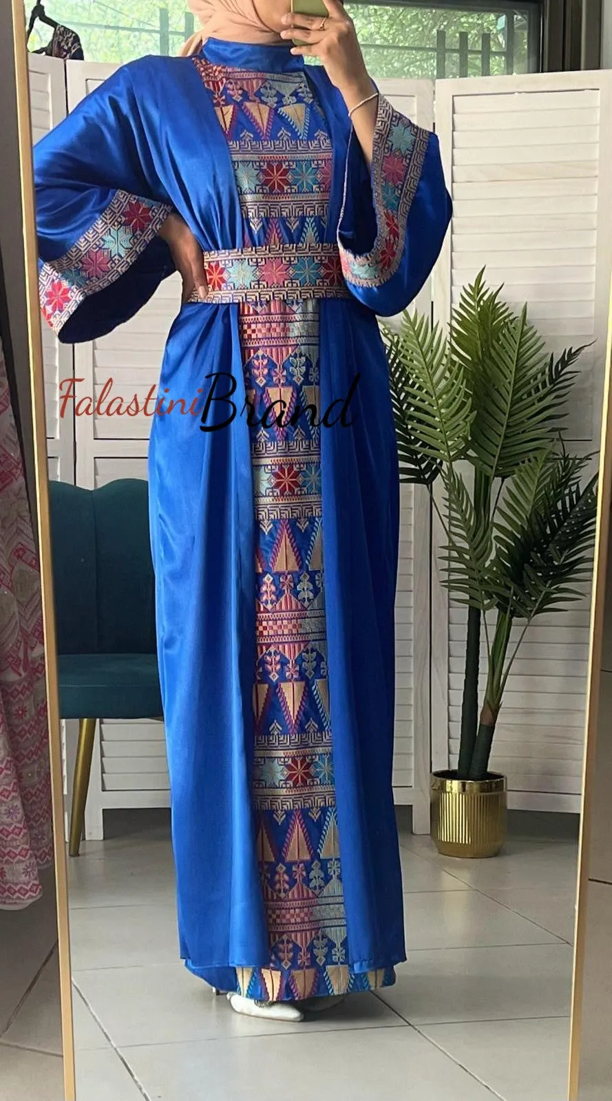 Royal Blue Embroidered Dress and Abaya Set