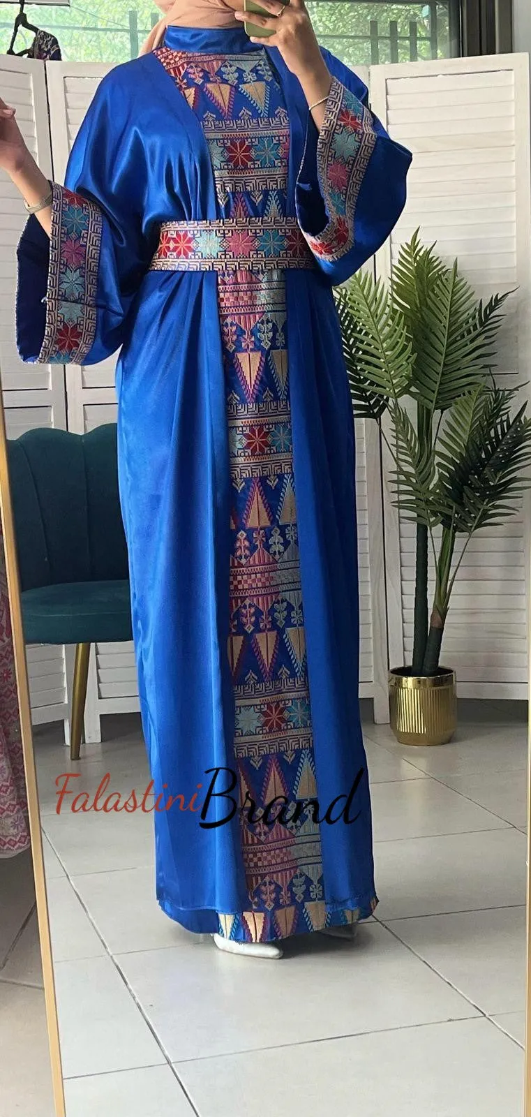 Royal Blue Embroidered Dress and Abaya Set