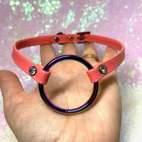 Sample Sale - Ring of O Mini Collar - Neon Coral and Iridescent Rainbow - 13"-15"