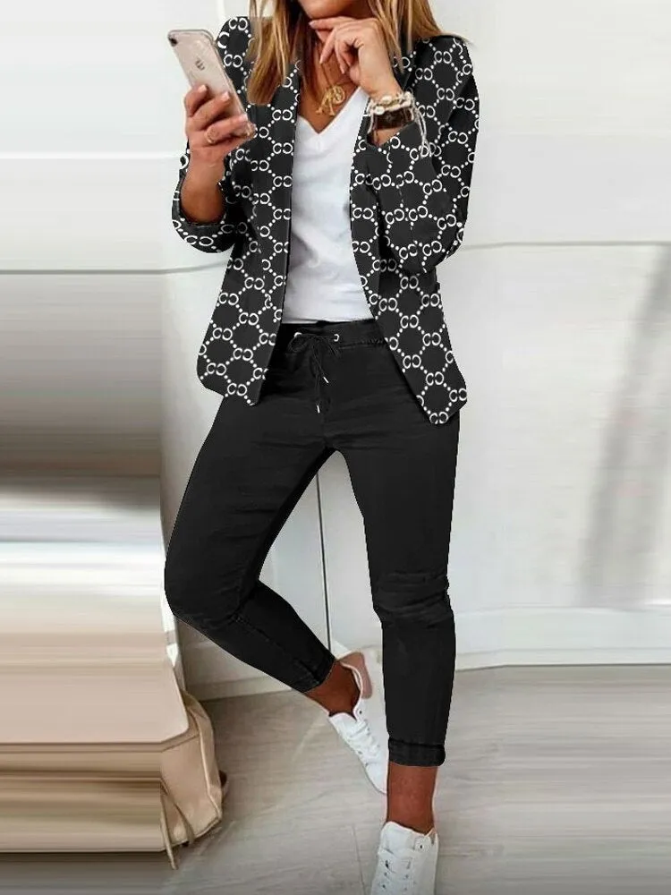 Sets Outifits 2022 Autumn Denim Look Print Shawl Collar Blazer & Pants