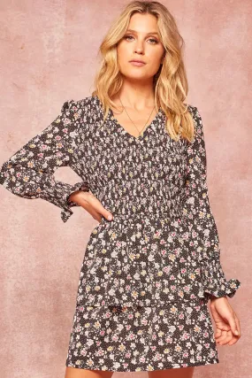 Smocked Floral-Print Ruffled Mini Peasant Dress