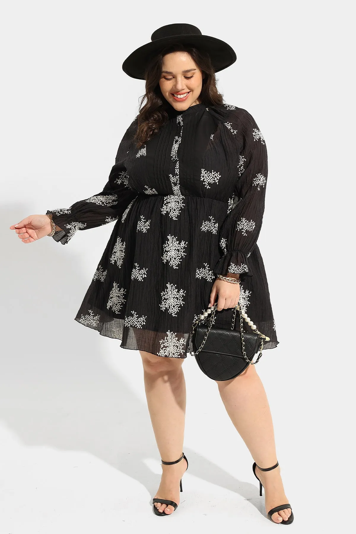 Snowflake Print Split Neck Button Down Mini Dress