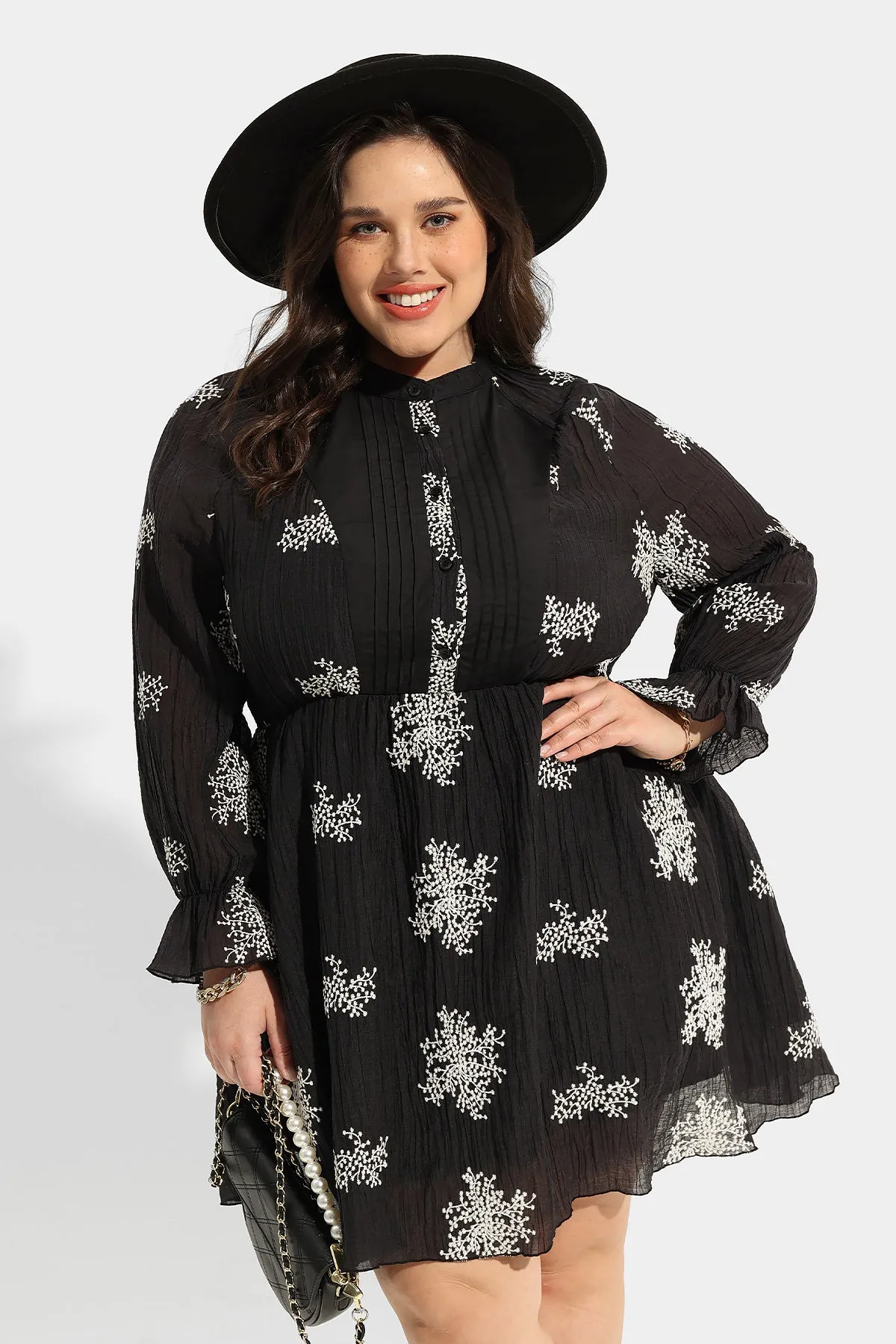 Snowflake Print Split Neck Button Down Mini Dress