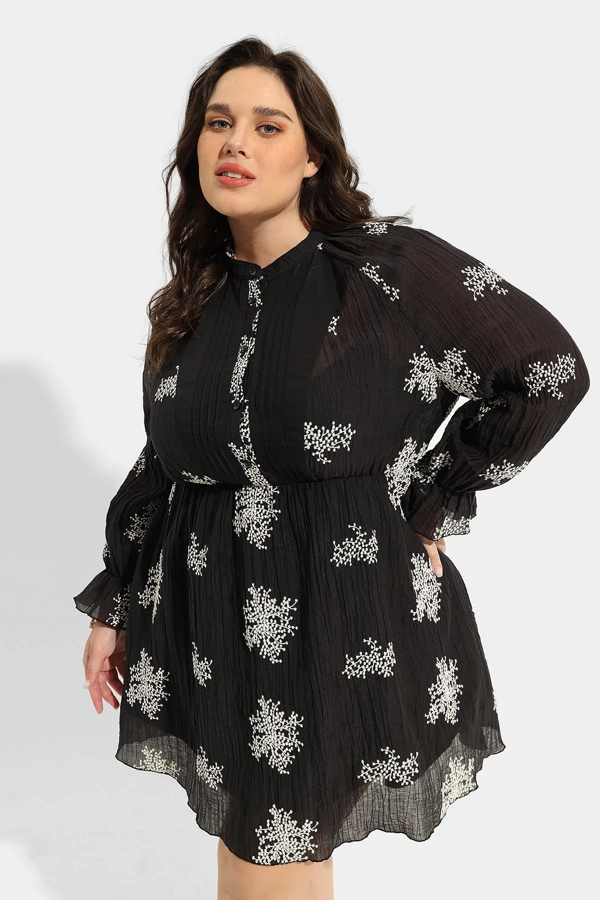 Snowflake Print Split Neck Button Down Mini Dress