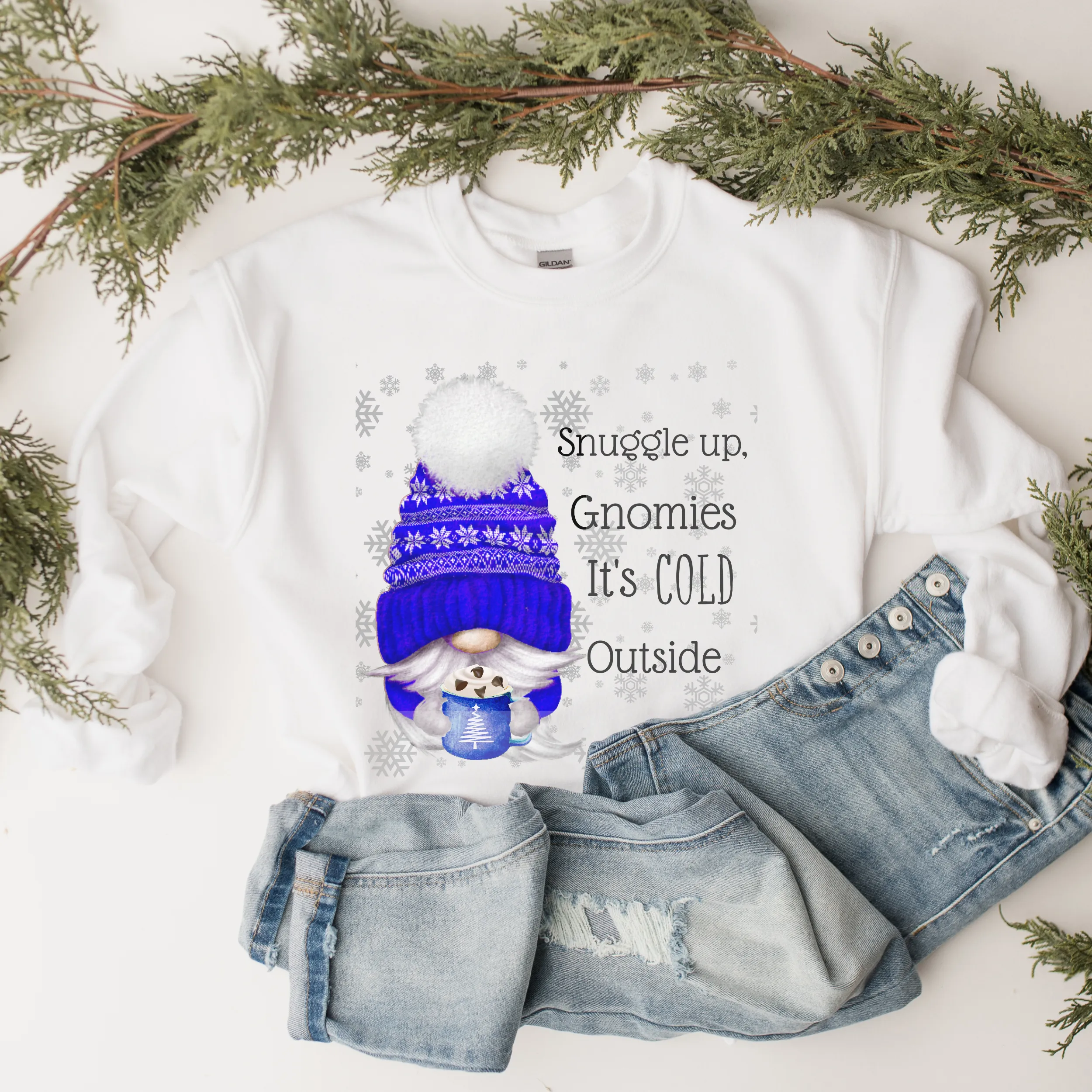 Snuggle Up Gnomies, It's Cold Outside Unisex Crewneck Sweatshirt Women's Cute Gnome Christmas Pullover Cozy White or Ash Gildan Crewneck