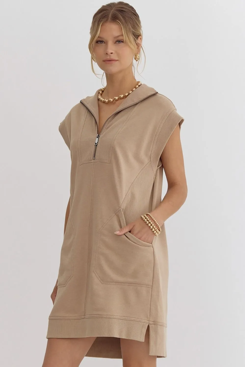 Solid Mock-Neck Sleeveless Mini Dress