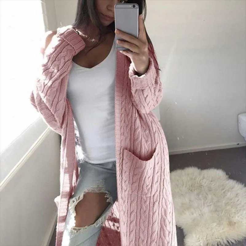 Solid Twist Flowers Long Cardigan Sweaters For Women