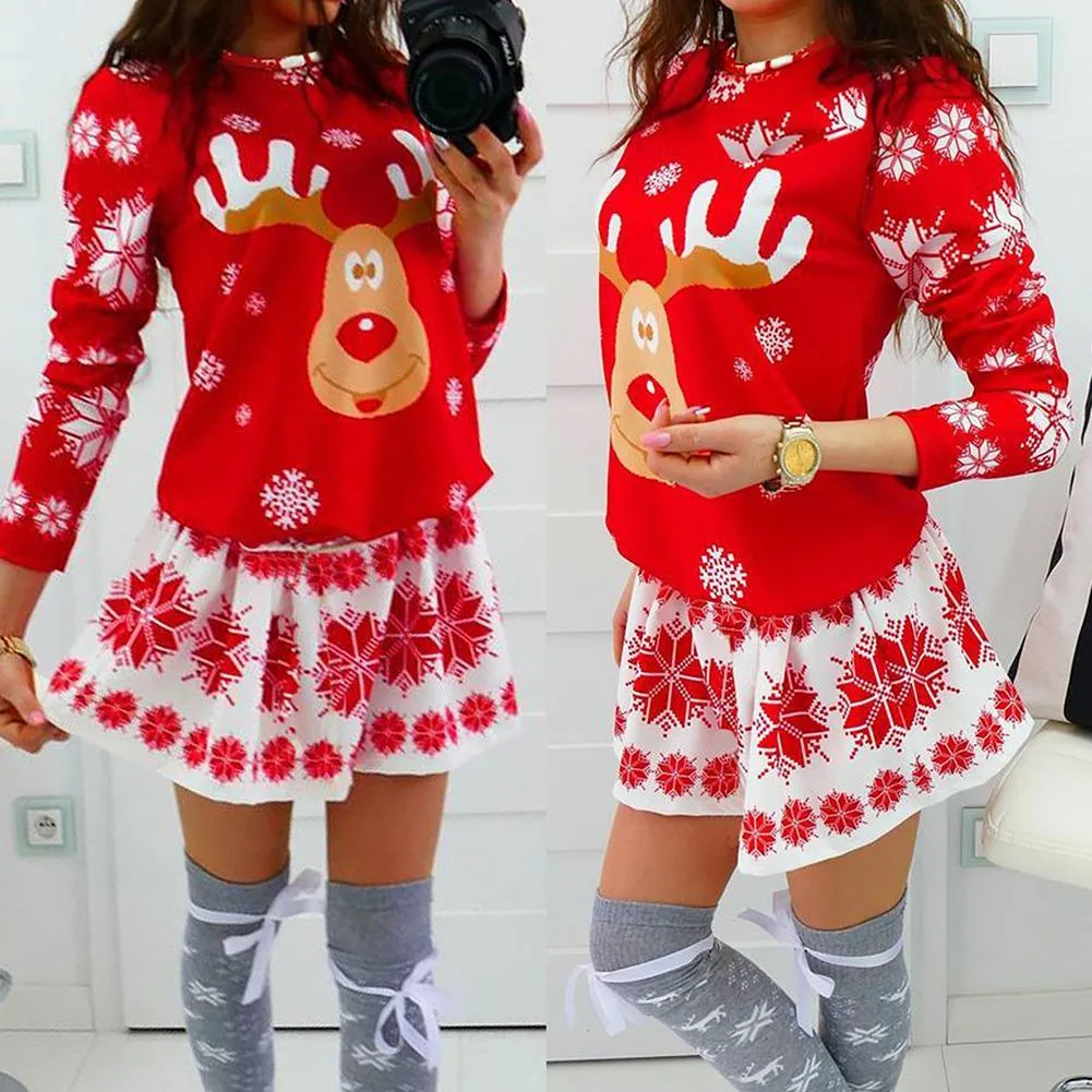 Spring Women Long Sleeves Christmas Snowflake Elk Printed O-neck Slim Dress