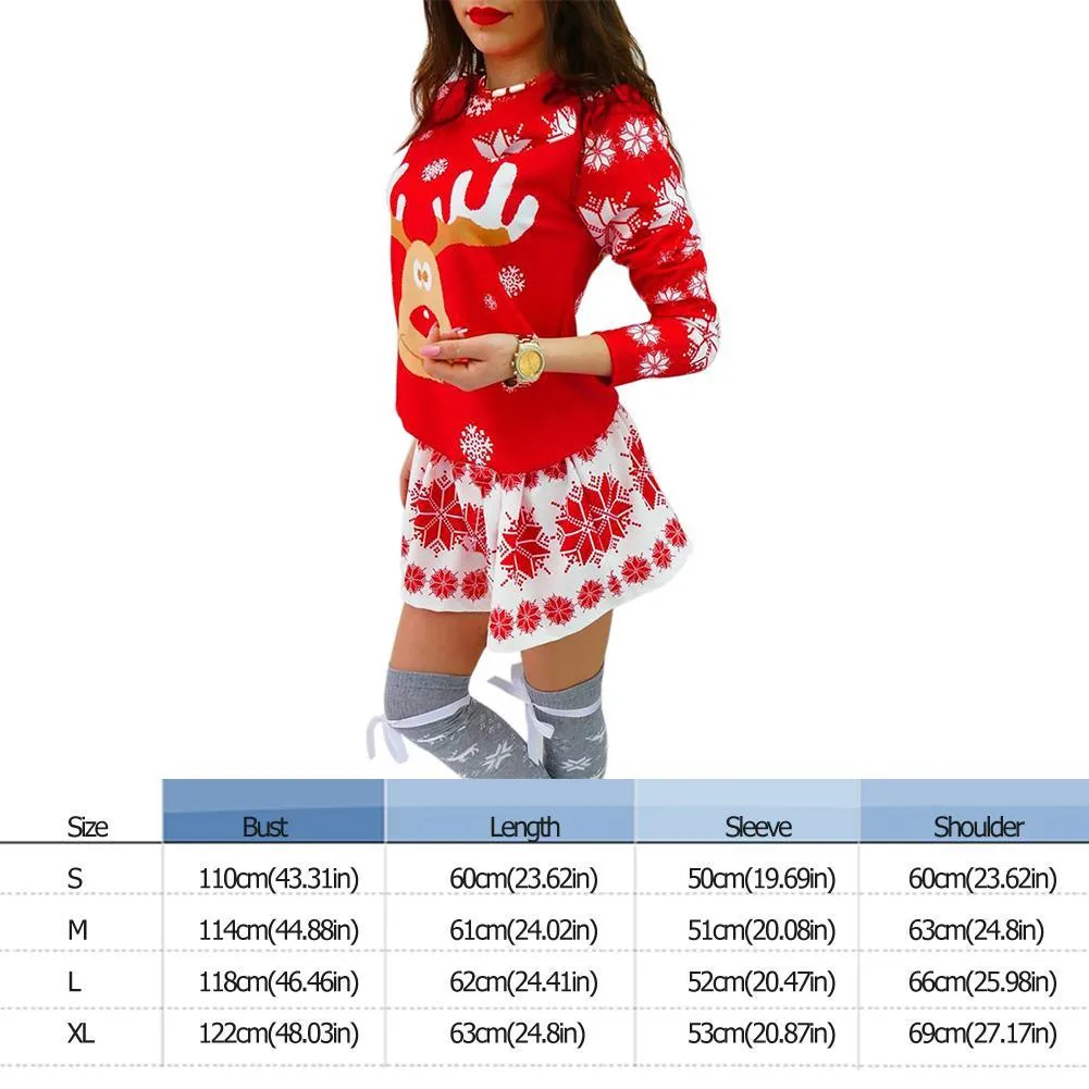 Spring Women Long Sleeves Christmas Snowflake Elk Printed O-neck Slim Dress