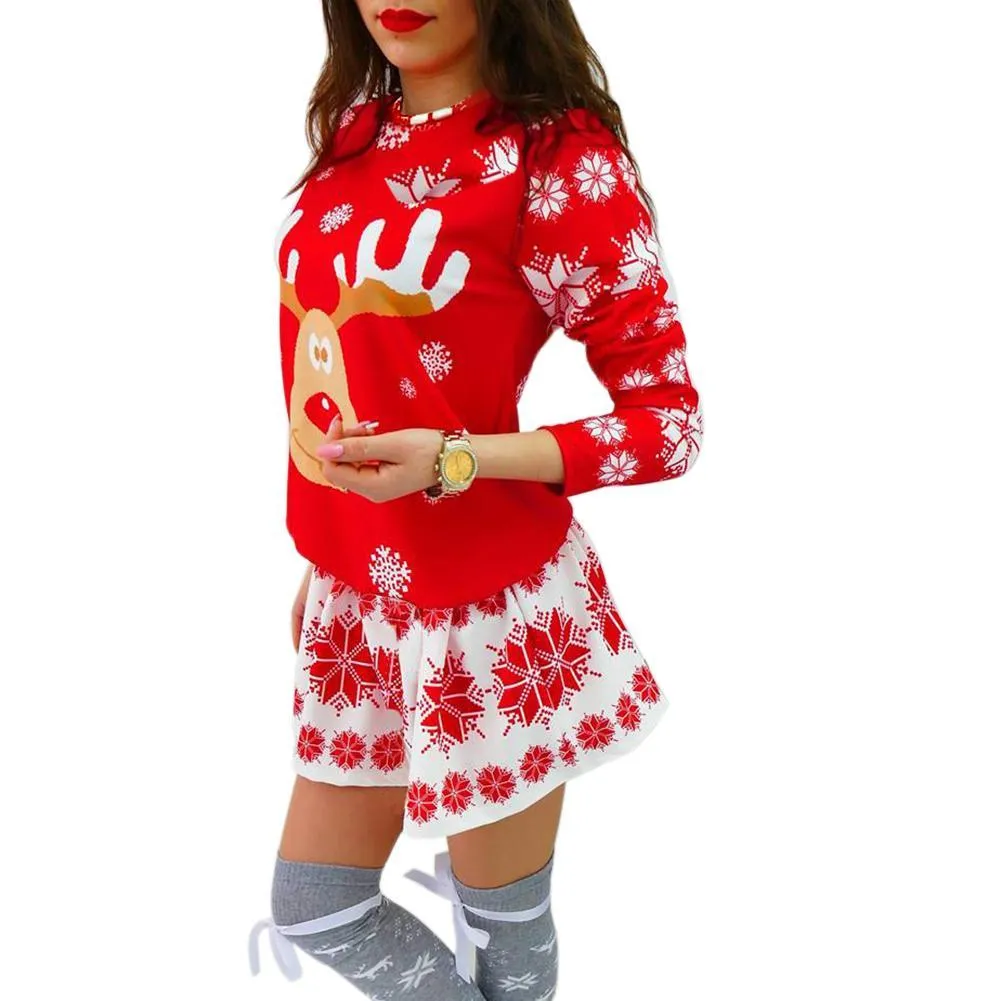 Spring Women Long Sleeves Christmas Snowflake Elk Printed O-neck Slim Dress