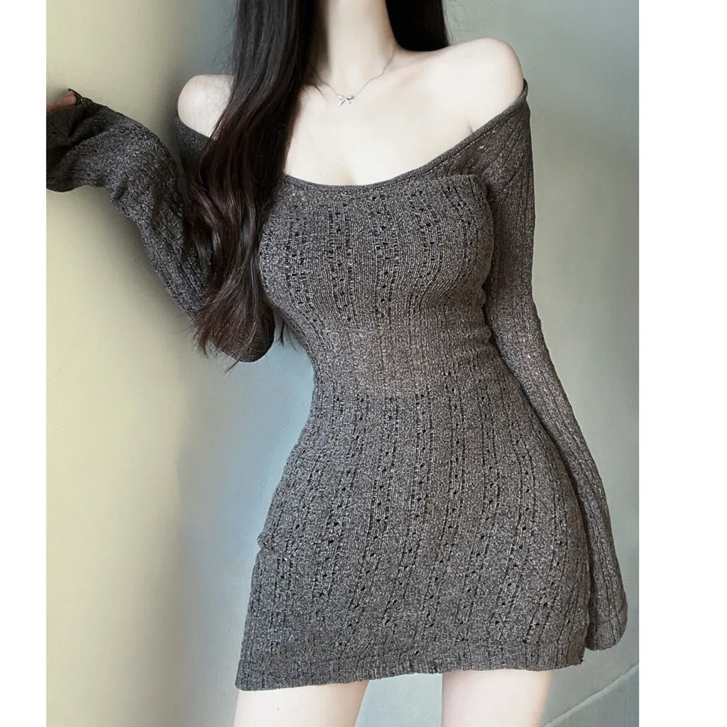 Square Neck Long Sleeve Slim Fit Knit Bodycon Dress