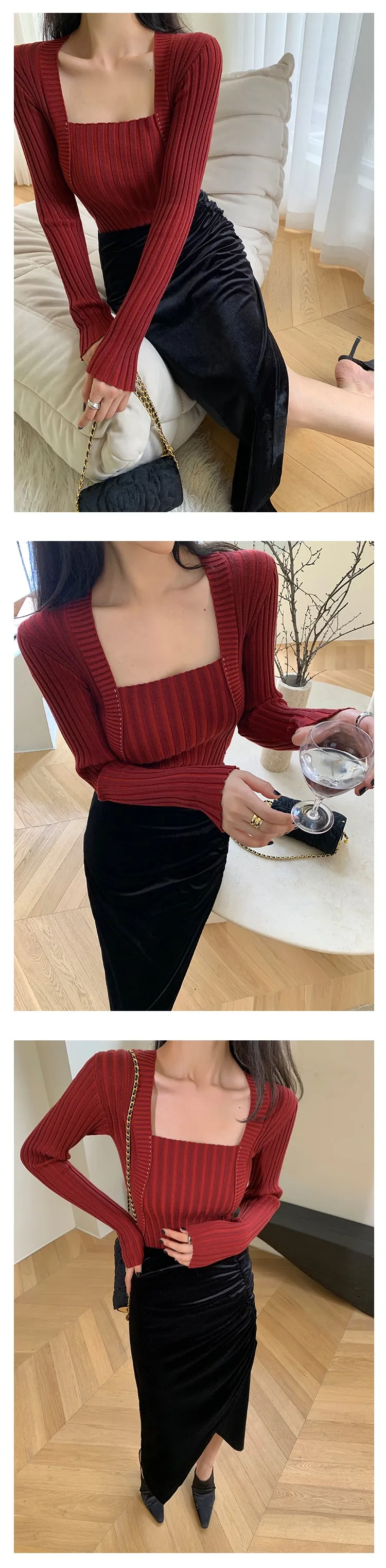 Square neck red sweater knitted midi dress top - Tuliv