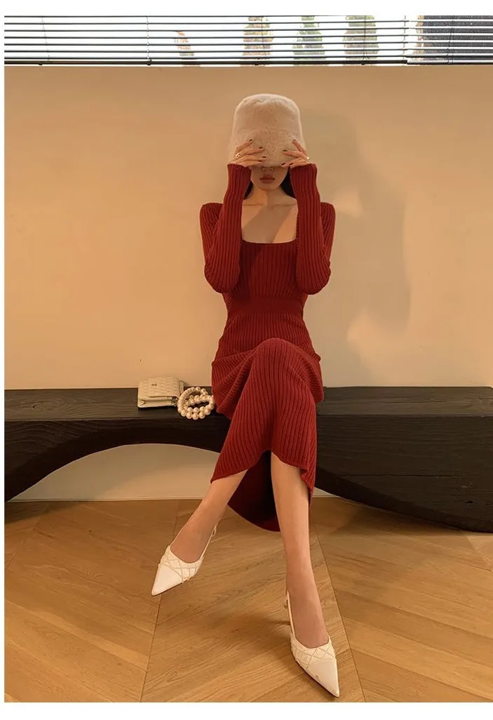 Square neck red sweater knitted midi dress top - Tuliv