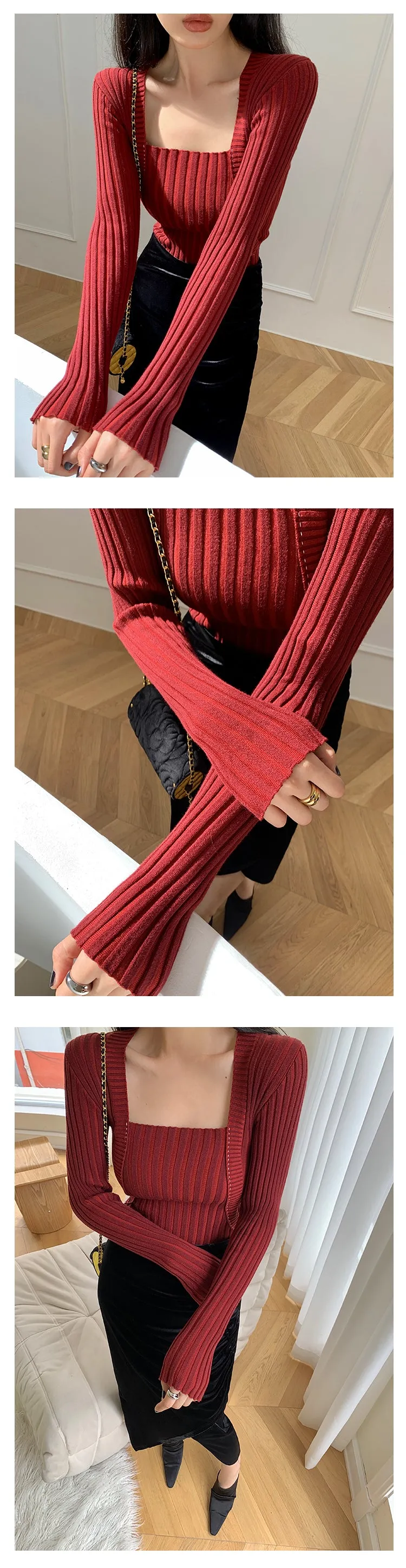 Square neck red sweater knitted midi dress top - Tuliv