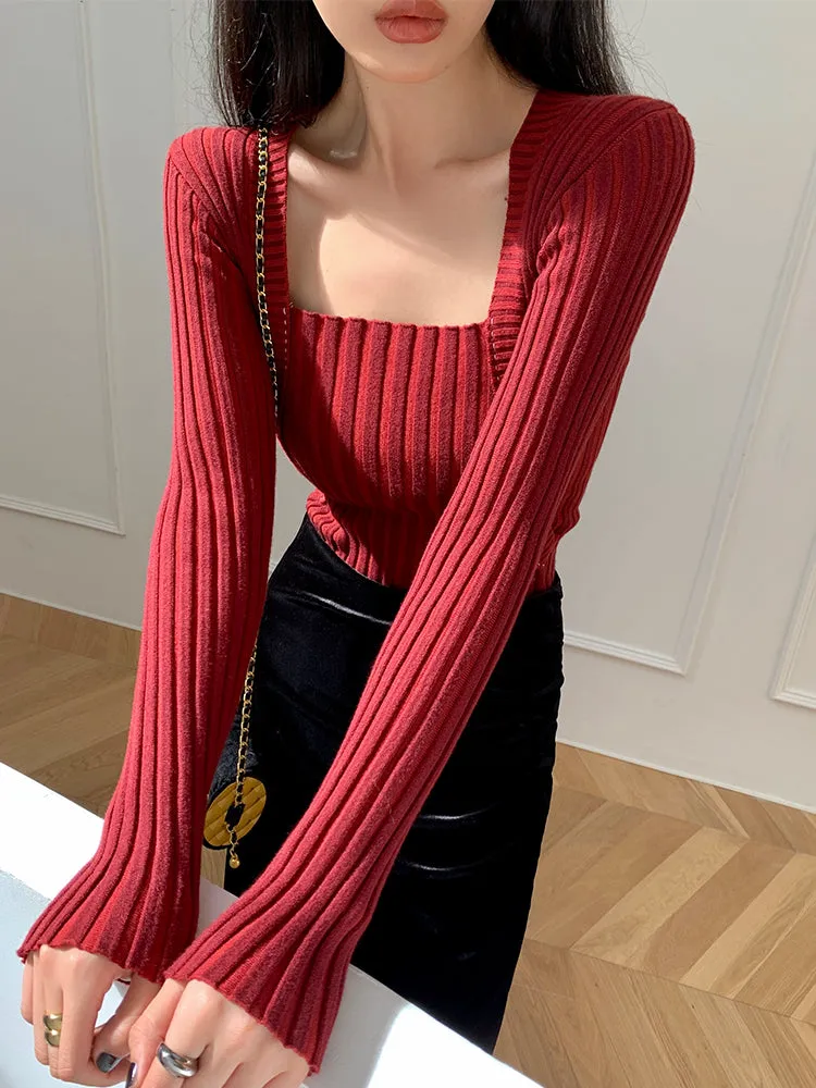 Square neck red sweater knitted midi dress top - Tuliv