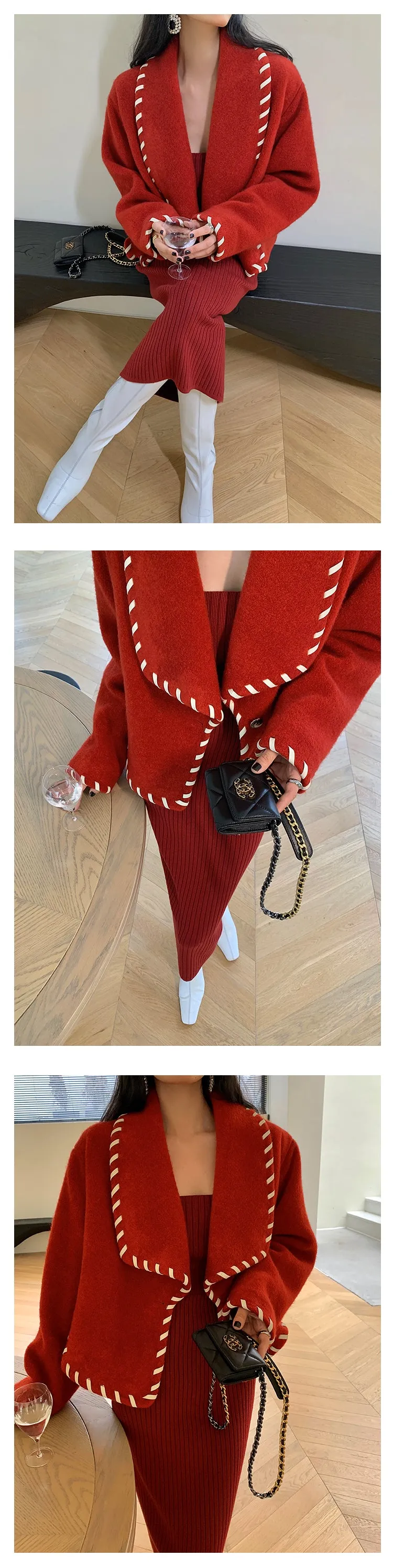 Square neck red sweater knitted midi dress top - Tuliv