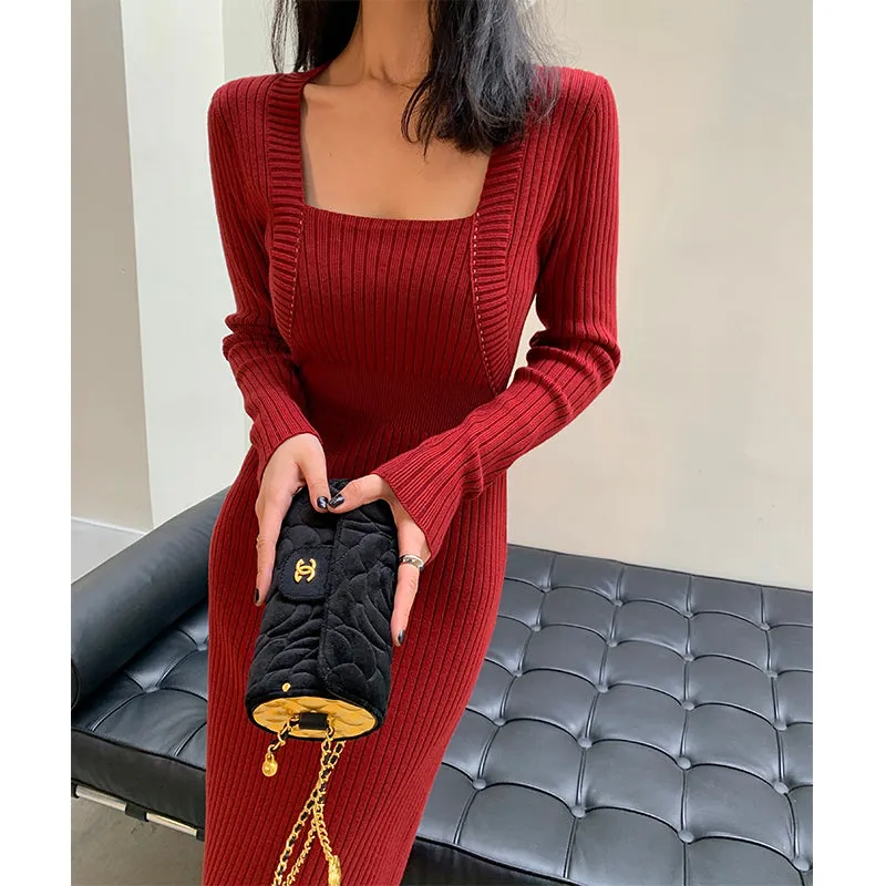 Square neck red sweater knitted midi dress top - Tuliv