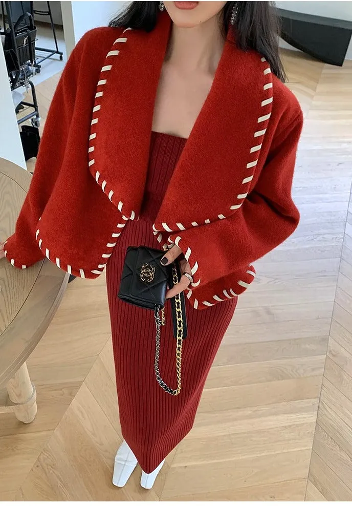 Square neck red sweater knitted midi dress top - Tuliv