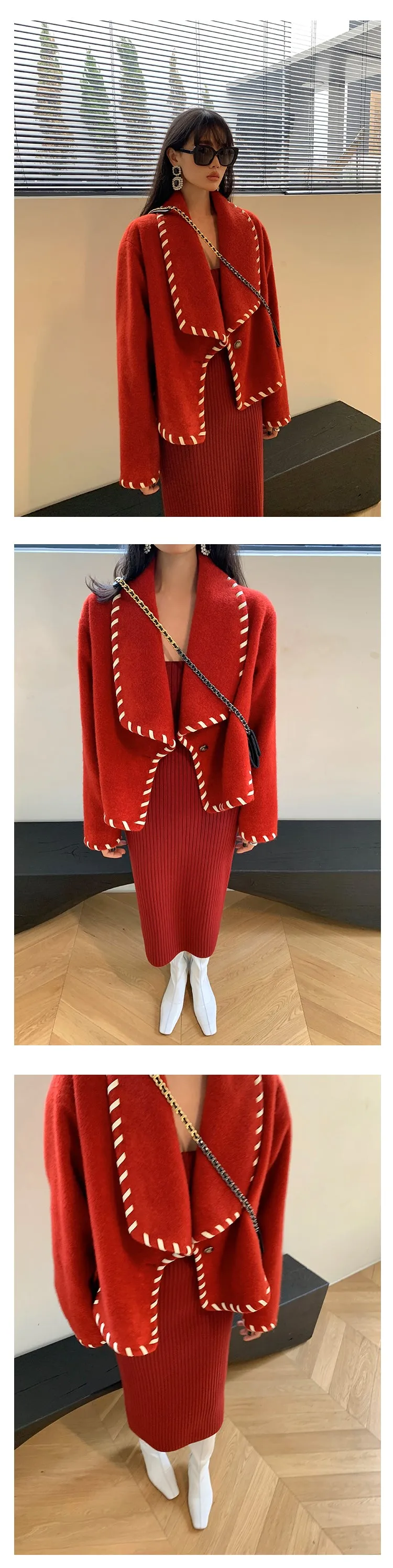 Square neck red sweater knitted midi dress top - Tuliv