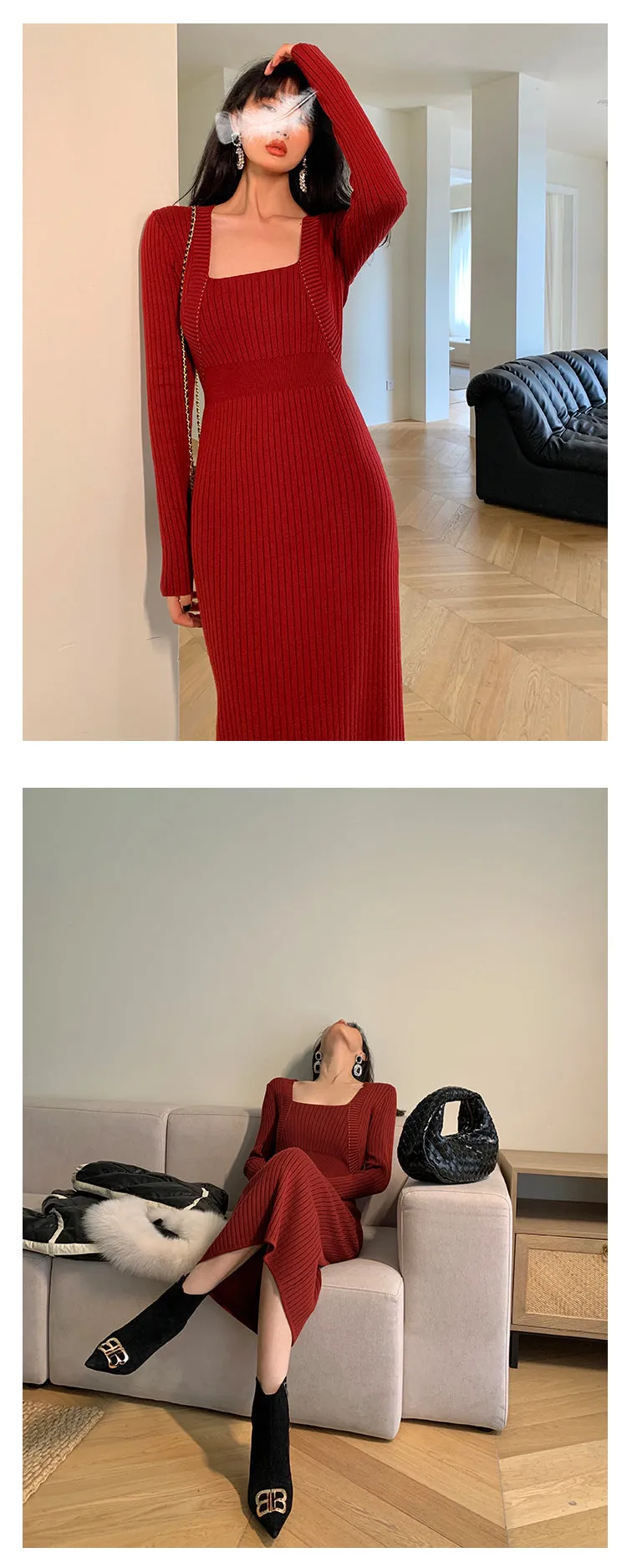 Square neck red sweater knitted midi dress top - Tuliv