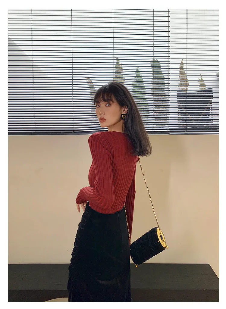 Square neck red sweater knitted midi dress top - Tuliv