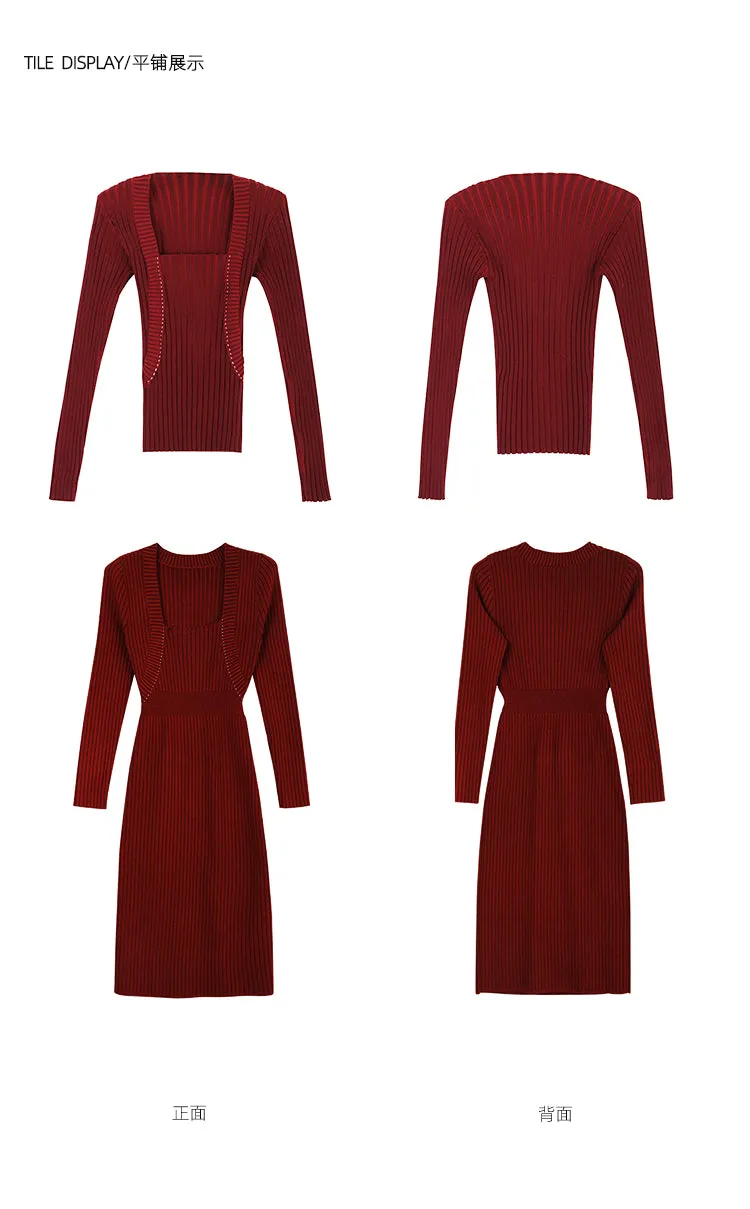 Square neck red sweater knitted midi dress top - Tuliv