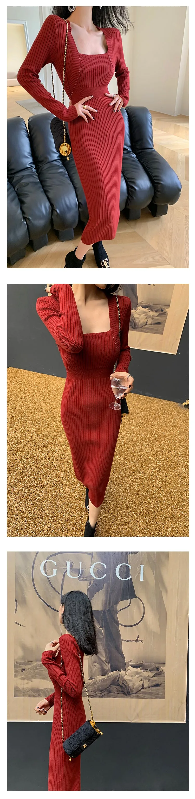 Square neck red sweater knitted midi dress top - Tuliv