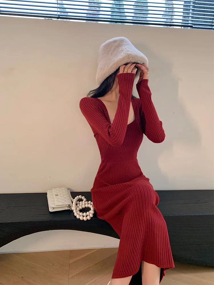 Square neck red sweater knitted midi dress top - Tuliv