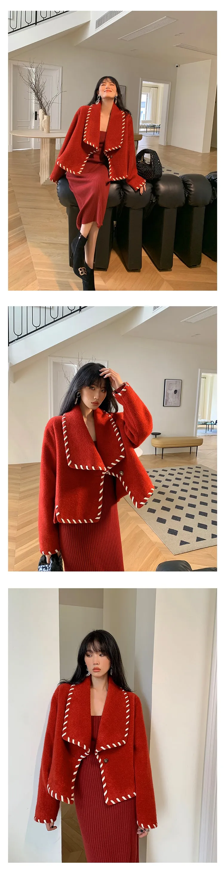 Square neck red sweater knitted midi dress top - Tuliv