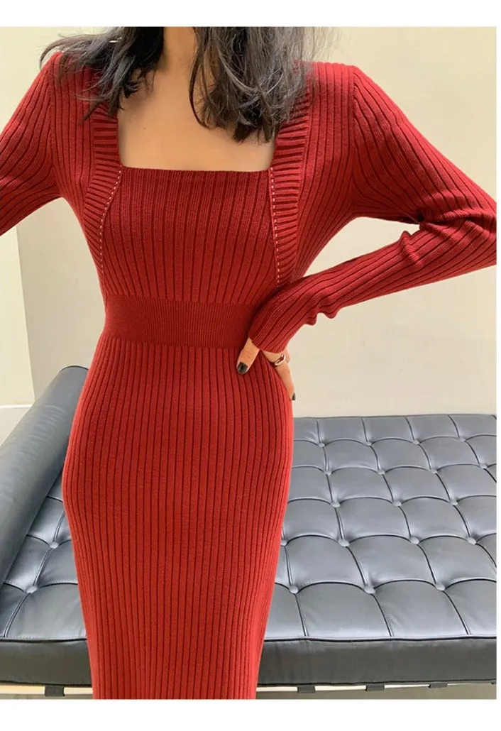 Square neck red sweater knitted midi dress top - Tuliv