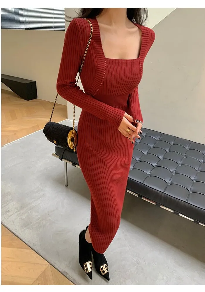 Square neck red sweater knitted midi dress top - Tuliv