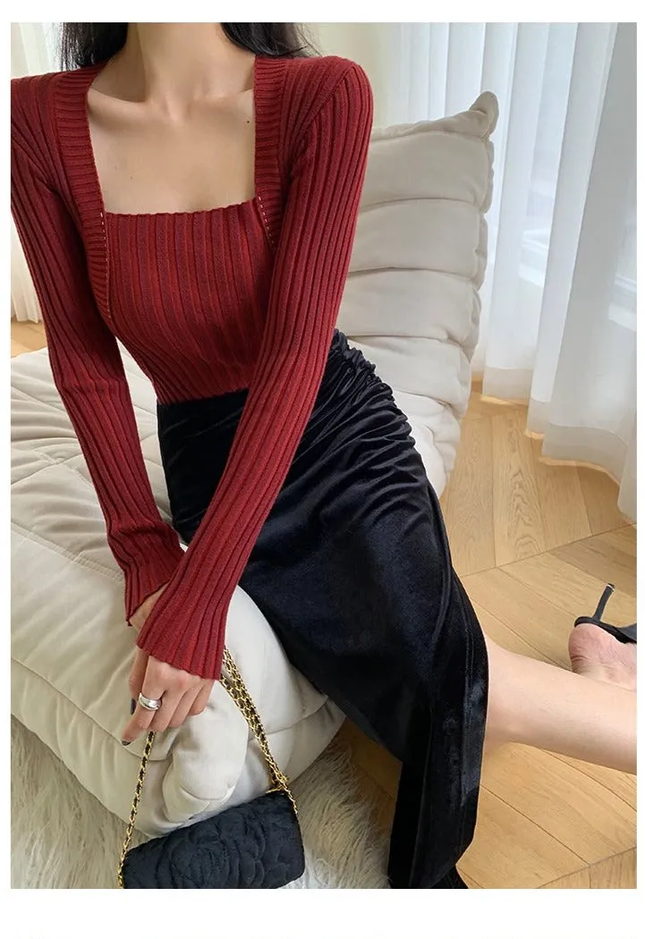 Square neck red sweater knitted midi dress top - Tuliv