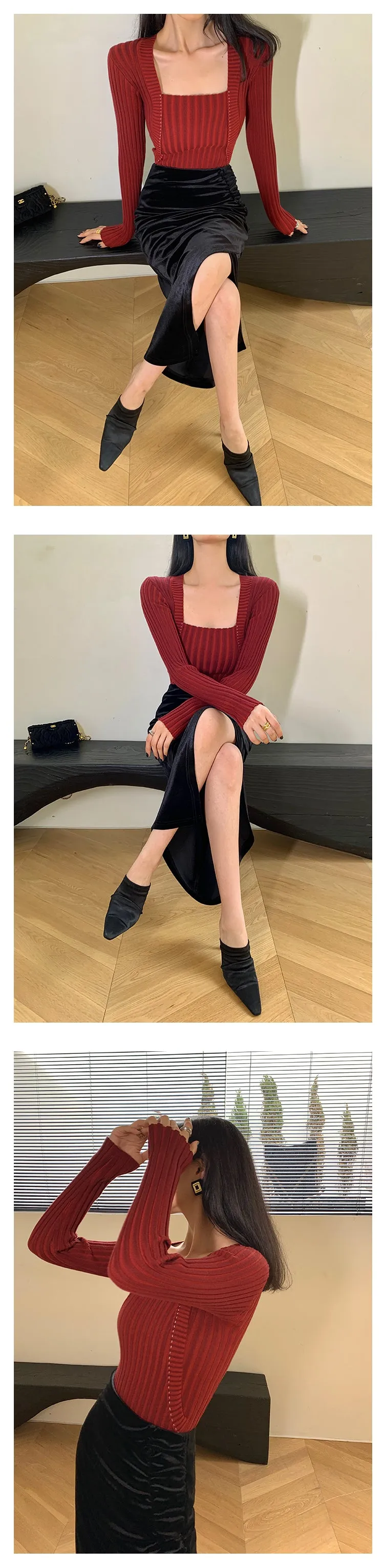 Square neck red sweater knitted midi dress top - Tuliv