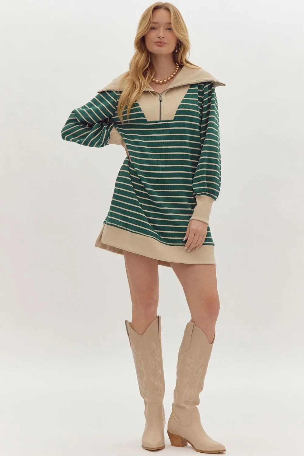 Stripe Print Ribbed Zip Up Long Sleeve Mini Dress