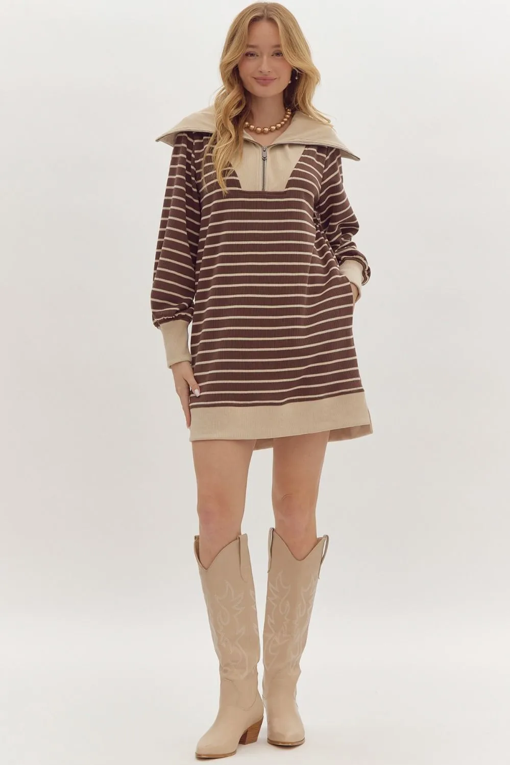 Stripe Print Ribbed Zip Up Long Sleeve Mini Dress